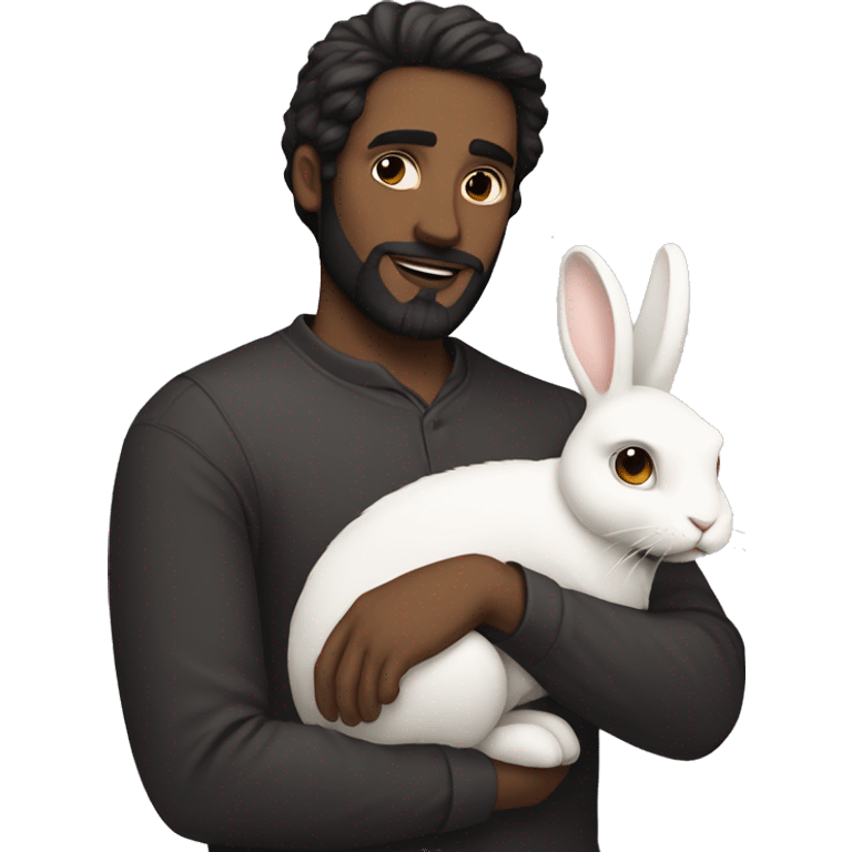 Dark hair guy with a beard holds a white rabbit  emoji