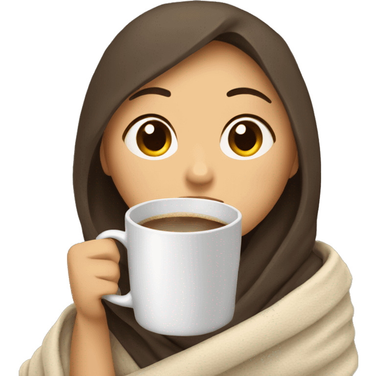 Asian girl wrapped in cozy blanket drinking coffee emoji