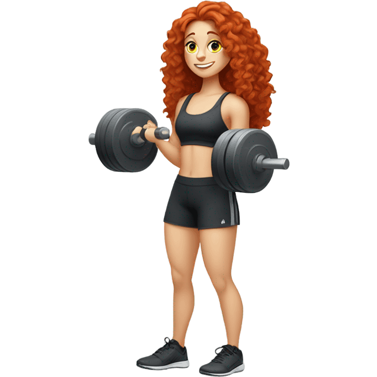 Sporty white Girl coach with long curly red hair doing exercice with weights emoji