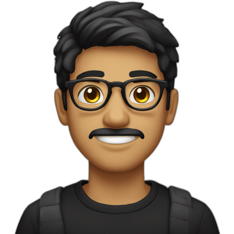 a light skin Pakistani teenager, wearing round glasses, short moustache, black straight hair, black jumper/sweater, structured manly face emoji