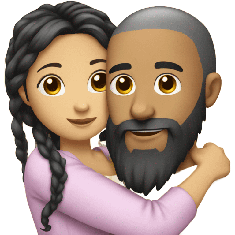 Bald man with black beard and girl with long black hair hug emoji