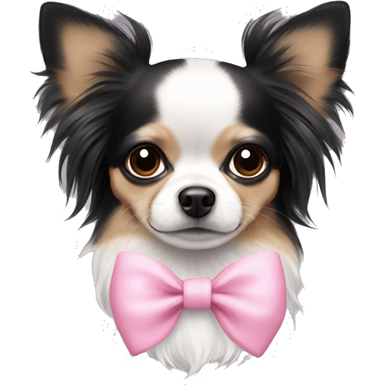 black with white long haired chihuahua with white stripe on forhead a cute pink bow emoji