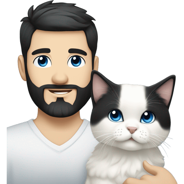 A guy with a black earing and black short hair and black beard and holding a all white Siberian cat with blue eyes  emoji