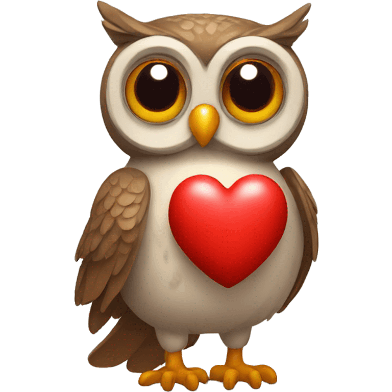 Friendly owl with big eyes holding a red heart emoji