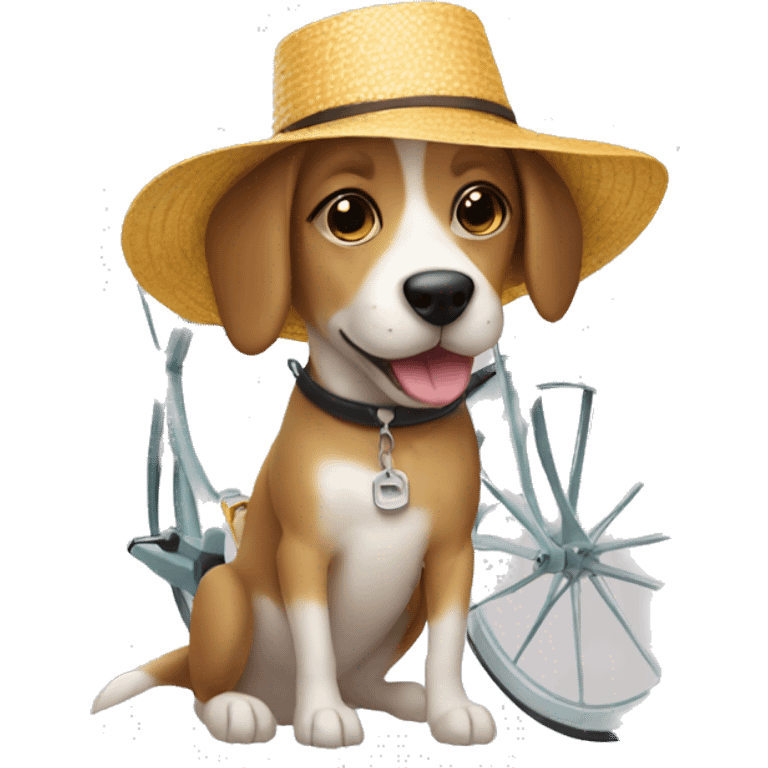 Dog wearing a sun hat on a miter cycle emoji