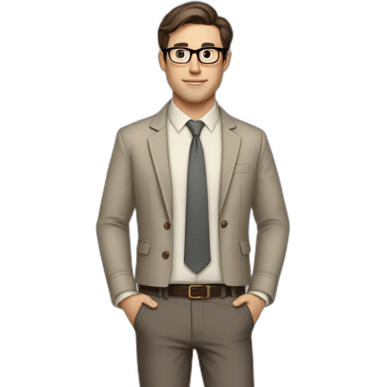 Full height Pale skinned fit man with dark brown hair in gray jacket, beige office shirt, brown tie, brown pants and vintage glasses. His right hand stretched out emoji