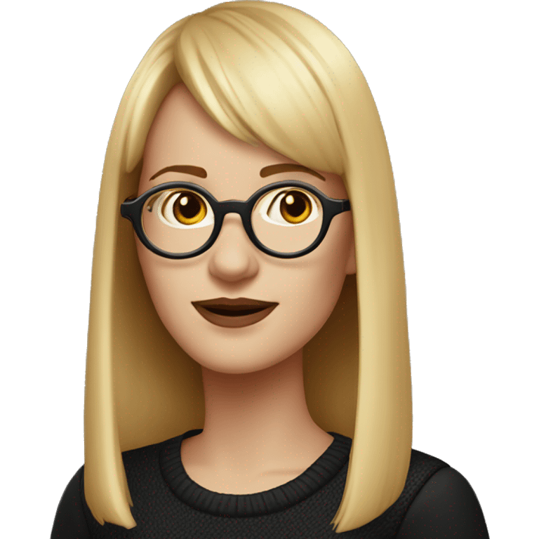 a white woman with round gold glasses, black sweater and faded red shoulder-length hair with bangs emoji