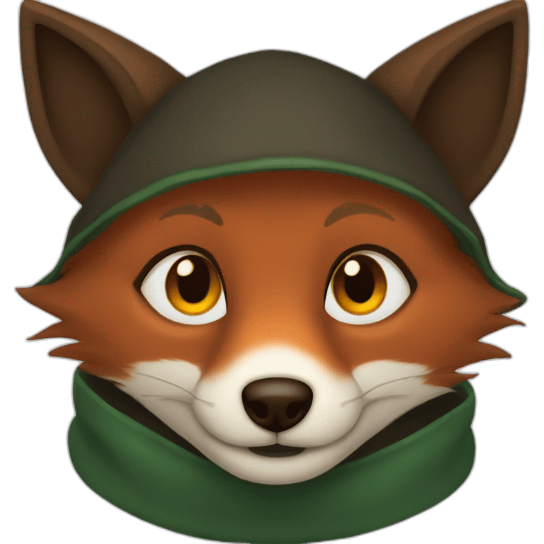 a small dark brown fox with orange eyes with a dark green hood that smile emoji