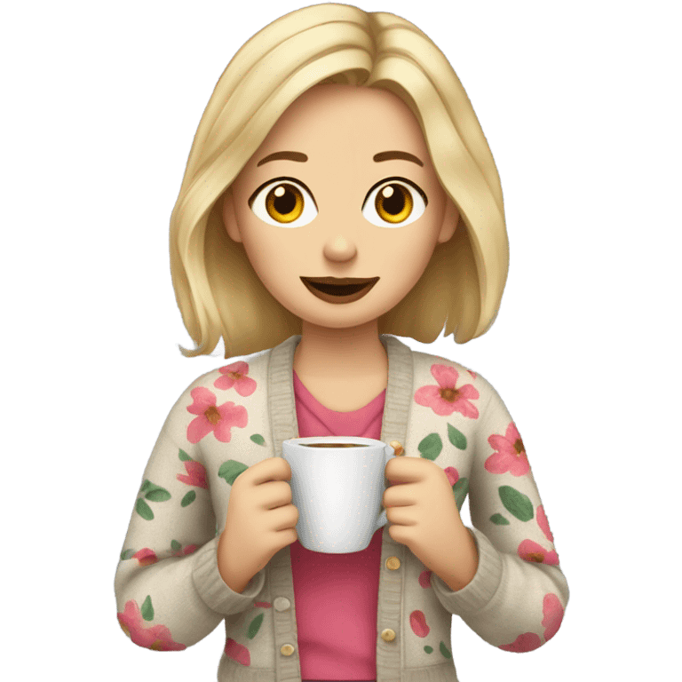 dirty blonde haired girl holding a cup of coffee wearing a floral cardigan emoji