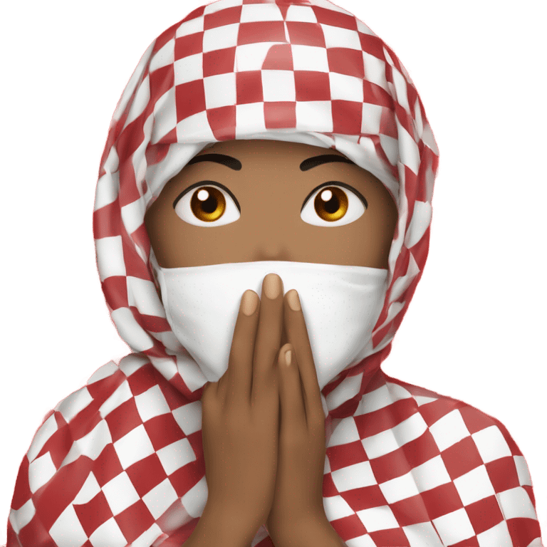 Woman wearing red and white checkered kuffiyeh hand covering mouth emoji