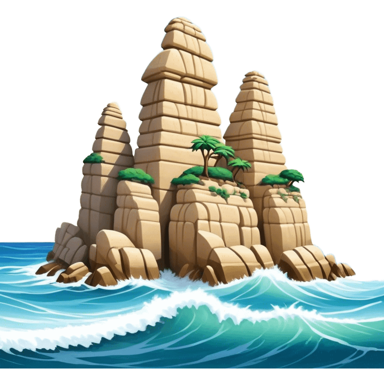 Cinematic Realistic Raouche Rocks, Beirut Landmark Emoji, depicting the majestic limestone rock formations rising from the Mediterranean Sea, with waves crashing against their bases under a vibrant sky. emoji