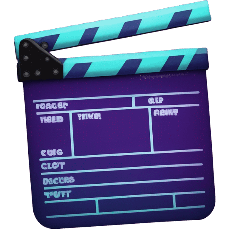 a movie clapper board with the words "clip page" across it, colors are deep purples and moody blues, neon light emoji