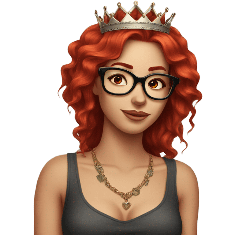 Beautiful girl, long red hair, tattoos, glasses and a crown emoji