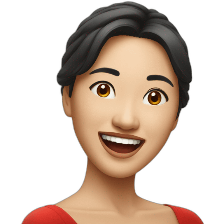 Beautiful Asian woman with red dress and who laugh out loud emoji