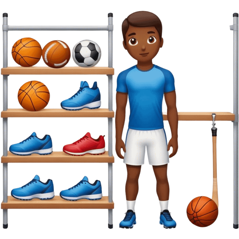 a person standing next to a shelf where sports equipment is placed emoji