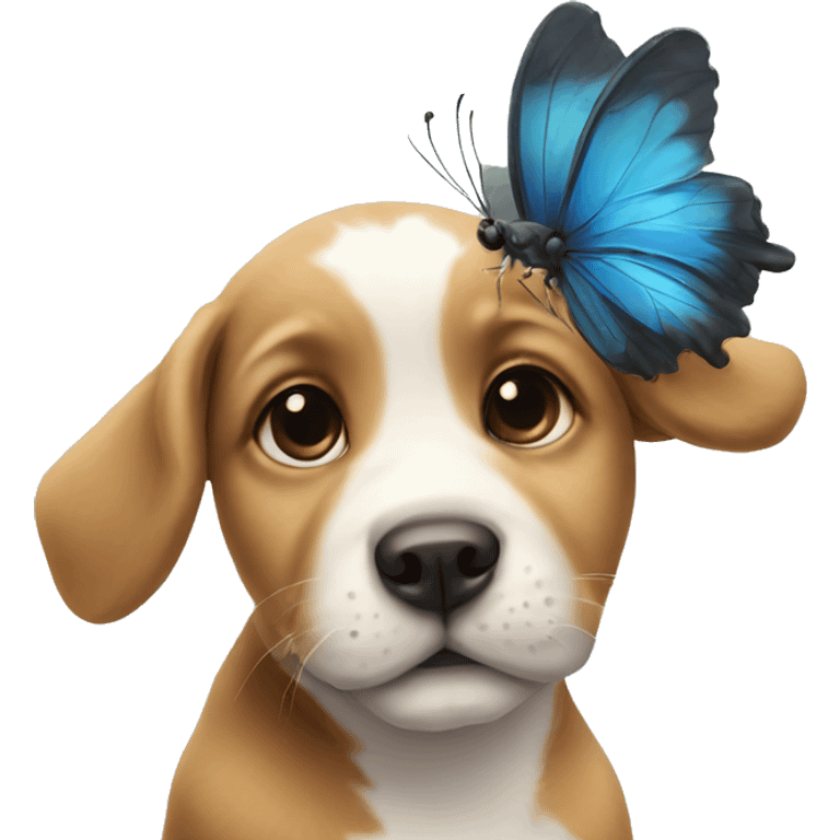 a baby dog with a butterfly on the nose emoji