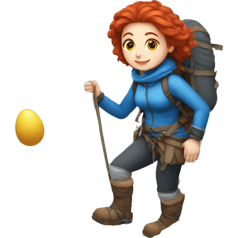 Greek Female winter mountaineer red hair white skin climbing with Greek Flag and Easter eggs basket emoji