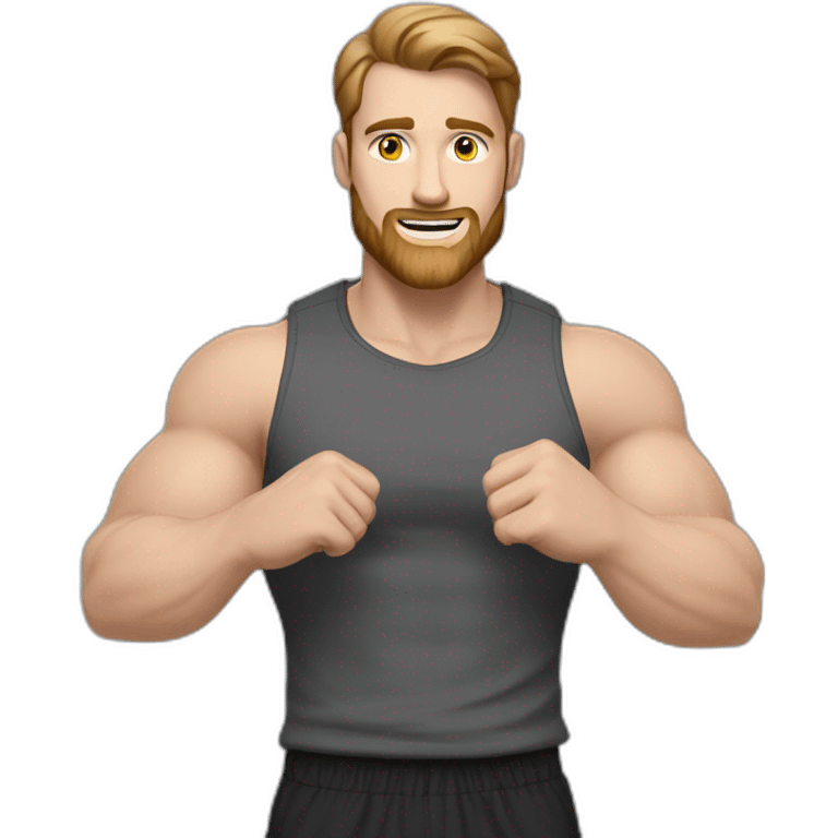 Close up Actively gesturing  with hands Pale skinned Fit Man With the biceps and brown hair in dark gray Sleeveless Mike, black oversize sports shorts, watch and white Sneakers emoji