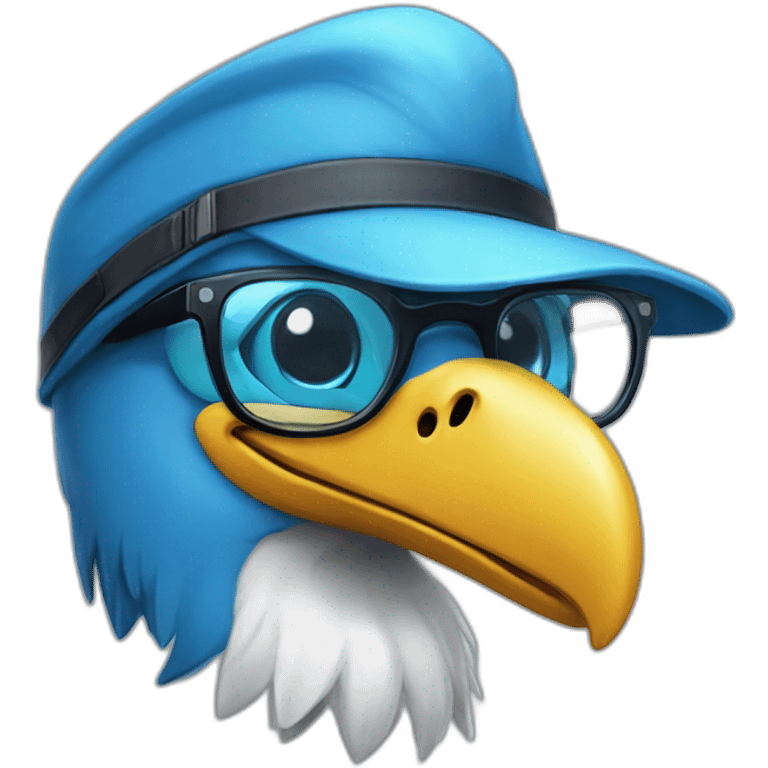 Crazy funny Cyberpunk Articuno head with beautiful smile wearing glasses and hat emoji