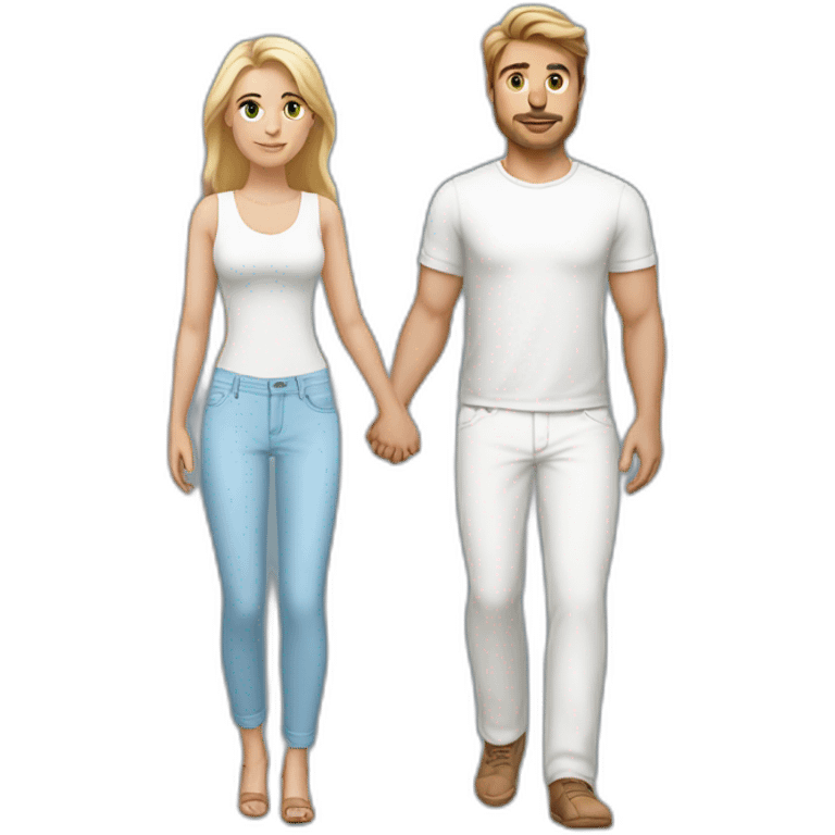 full body beautiful blonde woman wearing light-blue pants holding hands with full body man with medium brown hair wearing white pants emoji