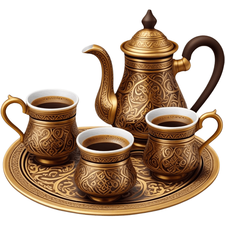 Turkish Coffee Set – Cinematic Realistic Turkish Coffee Set, depicted as an elegantly arranged ensemble of ornate coffee cups and a traditional cezve pot, adorned with intricate patterns and rich, warm colors, rendered with detailed textures and soft ambient lighting that captures its cultural heritage. emoji