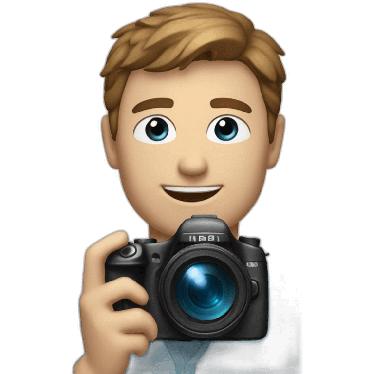 man with camera, he was smiling and he have brown short hair, blue eyes and he was tall. up camera there is a text "dir by mlodyw"  emoji