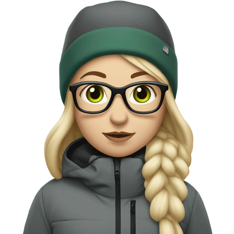 Green-eyed, fat female skier with long straight blonde hair, glasses, white helmet, grey snow jacket, long black pants, black only snow boots standing tall. emoji