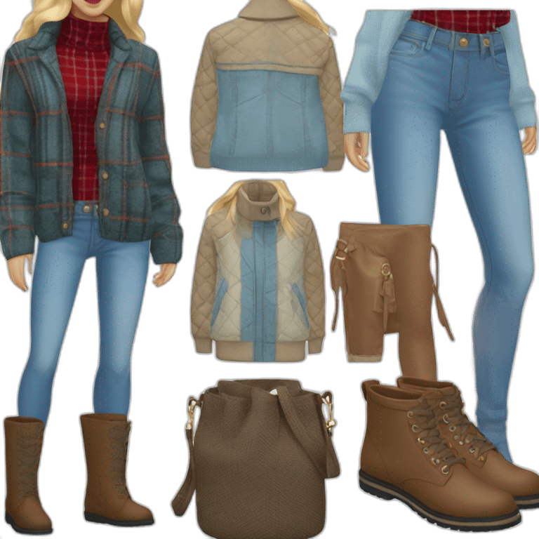 blond tall blue eye female designer with plaid brown and red sports jacket and white turtle neck sweater black boots and baggy light blue jeans emoji