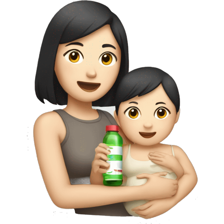 An Asian woman with white skin holds an Asian baby and a small child in her arms, in the other hand a bottle with a mixture emoji