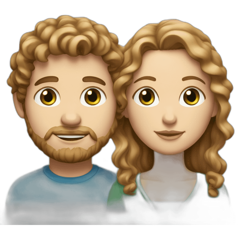 Couple, white European man with brown curly hair, blue eyes and chubby white woman with long light brown curly hair and green eyes emoji