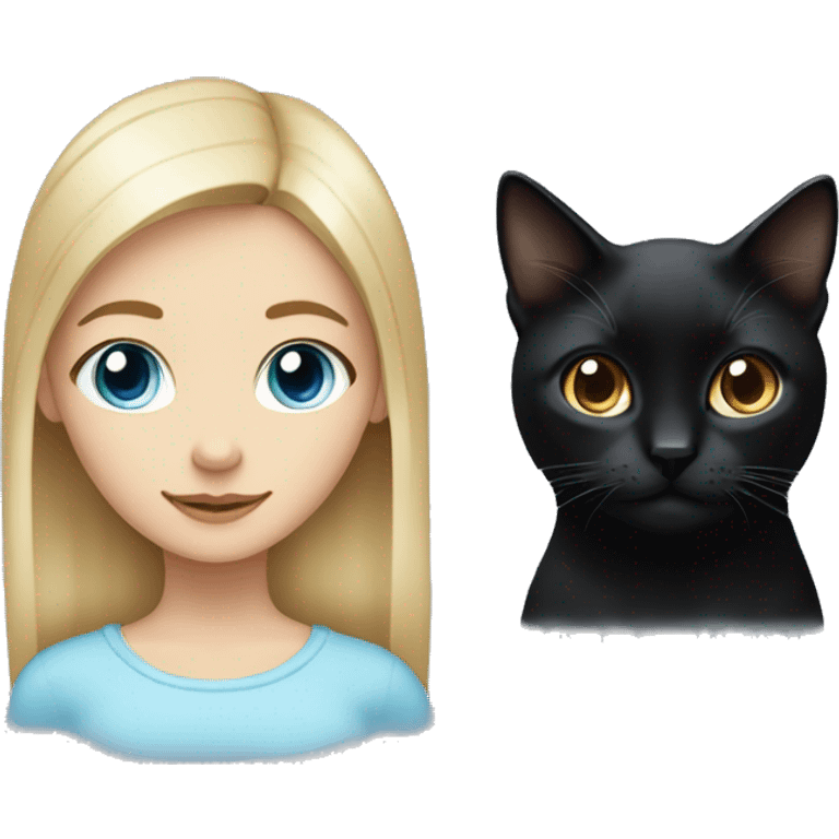 A blonde girl with heterochromia, her left eye light blue and her right eye brown with a black cat with brown eyes emoji