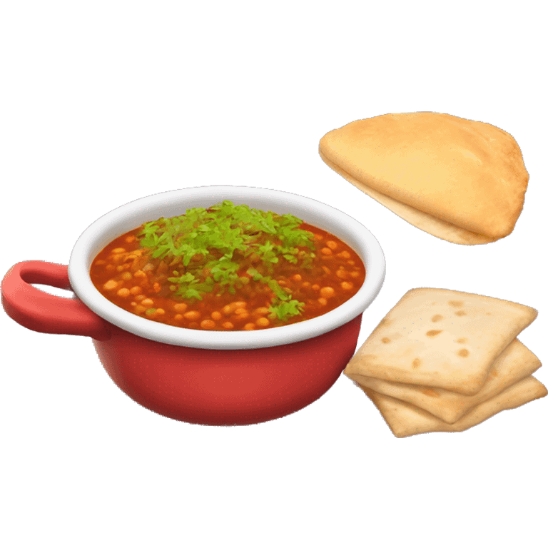 A red gravy containing sprouts called misal with 2 bread and a papad emoji