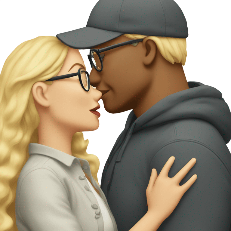 blonde woman with glassen and men with cap kissing emoji