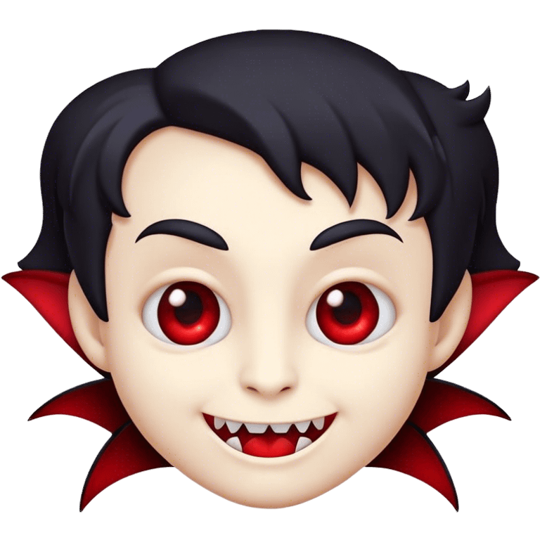 Cinematic Cute Vampire Portrait Emoji, with a refined yet playful small, rounded pale face accented by tiny, cute fangs and bright, twinkling eyes, sporting miniature elegant dark attire with a hint of crimson, simplified yet irresistibly charming, highly detailed with a soft glowing outline that captures the delightful duality of spooky sweetness and stylish allure! emoji