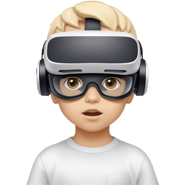 Child wearing virtual reality glasses, with a curious and engaged expression, exploring the digital world through VR technology. emoji