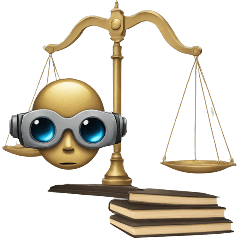 a balance of justice with a robot head on one side and a book on the other side emoji