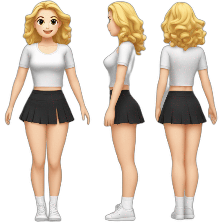 full-body-caucasian-curvy-beauty-кланяется-short-black-skirt-back-and-front-views-strong-wind-knickers-long-white-socks emoji