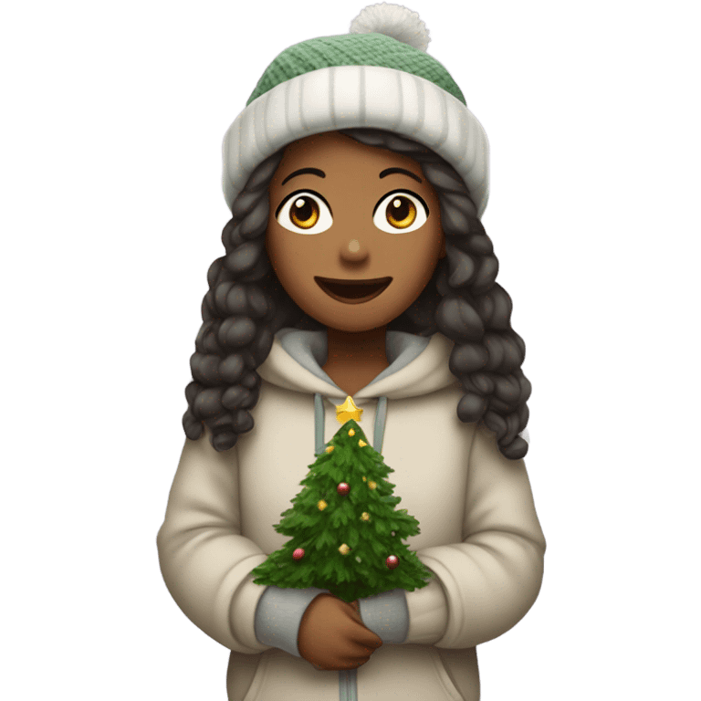 A girl wearing cozy clothes with a Christmas tree emoji