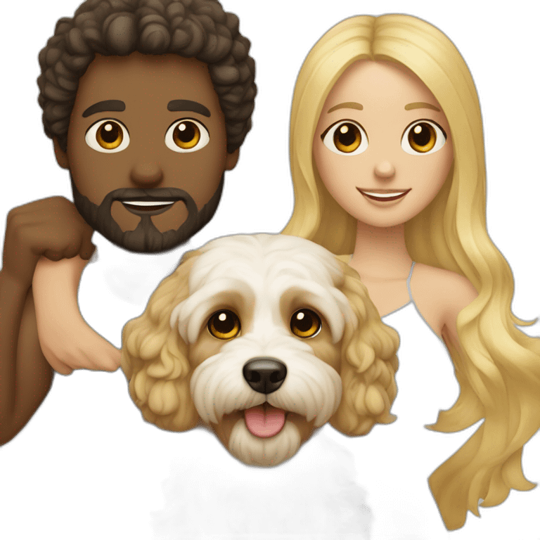 White Cavapoo with a blonde girl and a dark hair bearded guy emoji