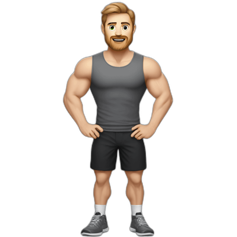 Full height realistic Actively gesturing with hands Pale skinned Fit Man With the biceps and brown hair in dark gray Sleeveless Mike, black oversize sports shorts, watch and white Sneakers emoji