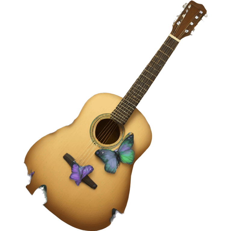 An acoustic guitar with green and purple butterflies on it emoji