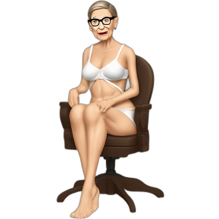 sexy ruth bader ginsburg wearing string bikini with hole in the crotch of her bikini bottoms acting out that scene from basic instinct (full body, ios17, sitting legs apart) emoji