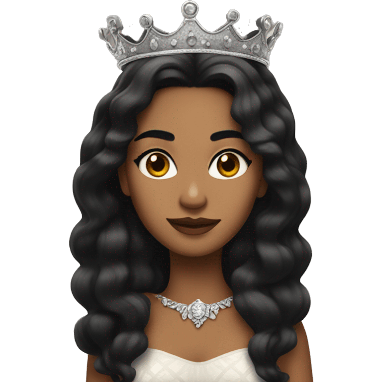 Queen with black hair and black eyes and thick eyebrows and long wavy hair small nose  emoji