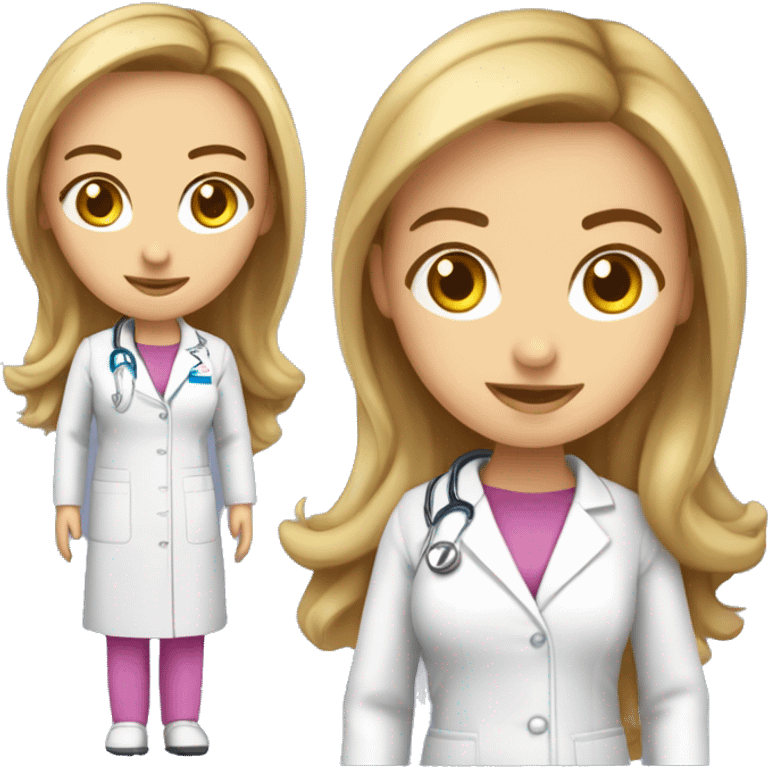 Mujer joven medico, de cabello rubio largo con fonendoscopio rosado y delantal blanco emoji