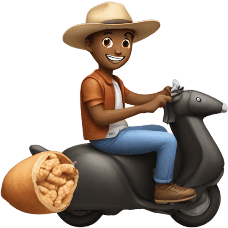 smiling boy in hat riding on a peanut emoji