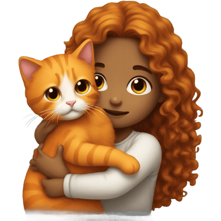 A girl with a long curly hair holding an orange cat emoji