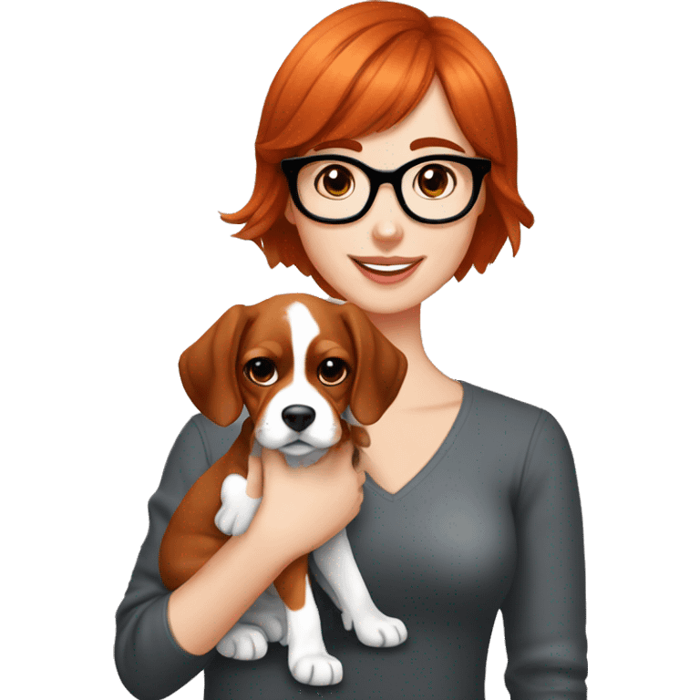 red-haired girl with bangs and short hair and black glasses presenting a Blenheim Cavalier puppy emoji