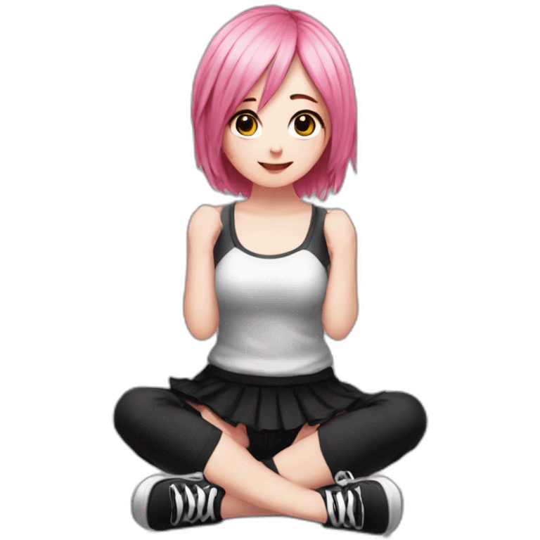 Full body Front view curvy emo girl pink hair sits on the floor straight view hands up black skirt белые трусики emoji