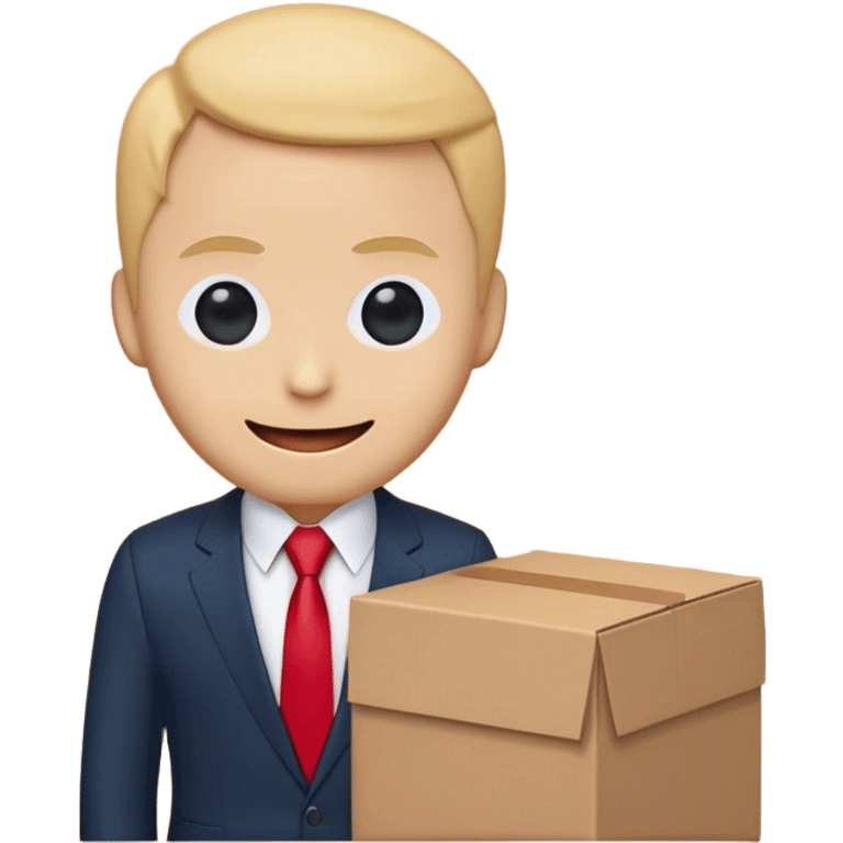 An emoji depicting a professional figure dressed in a sleek dark suit, crisp white shirt, and a red tie. The figure's head is humorously replaced by a cardboard box, featuring a minimalistic, friendly face with two circular eyes and a gentle, smiling mouth drawn in dark blue. The style is clean, flat, and simplified, suitable for clear visibility at small emoji scales. Designed for versatile use with a transparent background for easy integration into messaging platforms." emoji