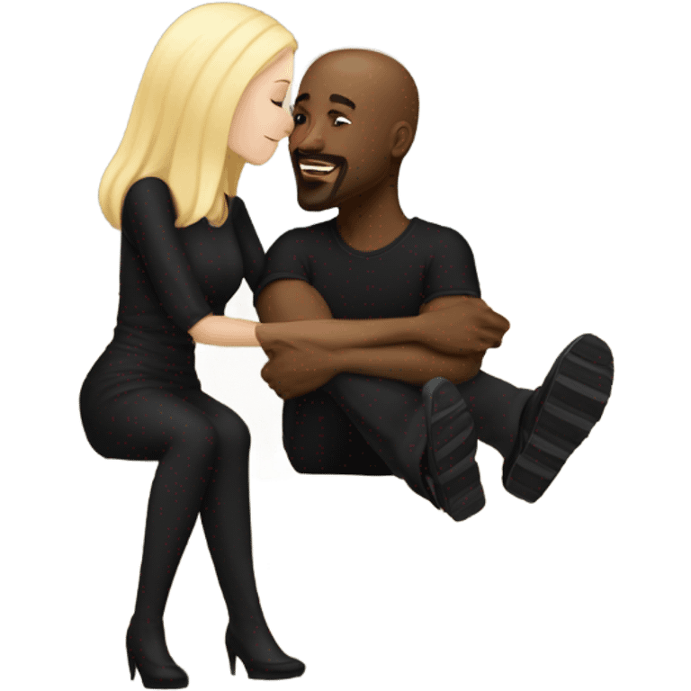 Blonde woman with blue eyes and long straight hair wearing a short black dress and a black man who is bald with a goatee seated together on a sofa enjoying a loving kiss.   emoji